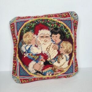 Vintage Christmas Needlepoint Santa and Children Small Accent‎ Pillow